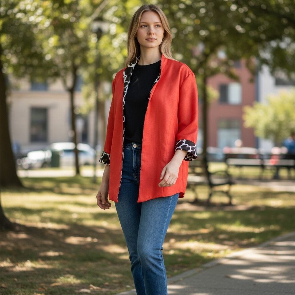 Chico's Reversable Giraffe Animal Print &‎ Red Silk Shantung Jacket 3/4 Sleeves